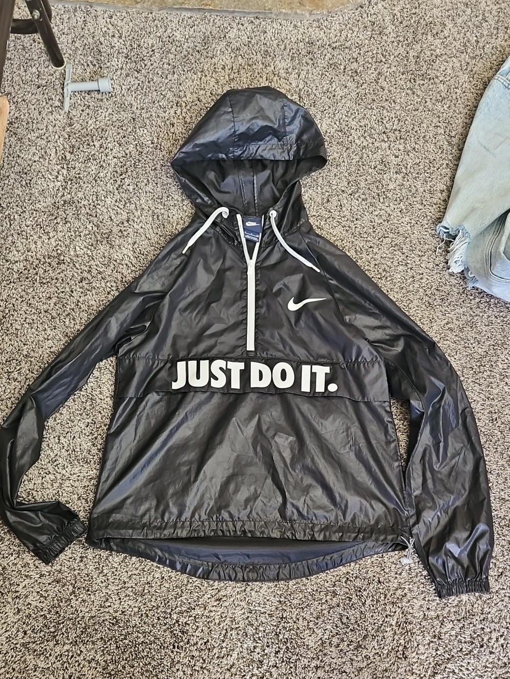 Nike Black Hooded Windbreaker with White 'Just Do It.' Logo